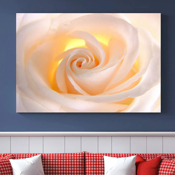 The Rose Wall Art Canvas Print, a triptych featuring a white rose gallery wrapped on museum-quality canvas with UV-protective coating, is displayed prominently.