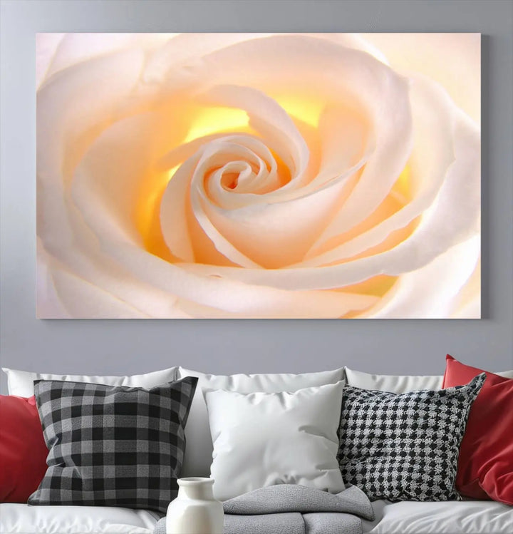 The Rose Wall Art Canvas Print, a triptych featuring a white rose gallery wrapped on museum-quality canvas with UV-protective coating, is displayed prominently.