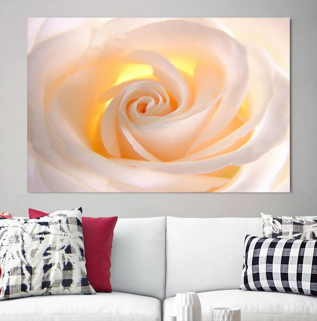 The Rose Wall Art Canvas Print, a triptych featuring a white rose gallery wrapped on museum-quality canvas with UV-protective coating, is displayed prominently.