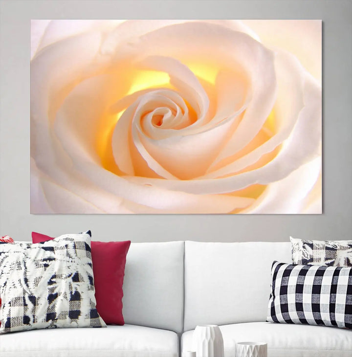 The Rose Wall Art Canvas Print, a triptych featuring a white rose gallery wrapped on museum-quality canvas with UV-protective coating, is displayed prominently.