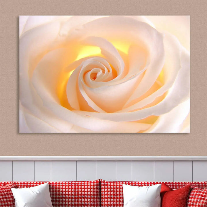 The Rose Wall Art Canvas Print, a triptych featuring a white rose gallery wrapped on museum-quality canvas with UV-protective coating, is displayed prominently.