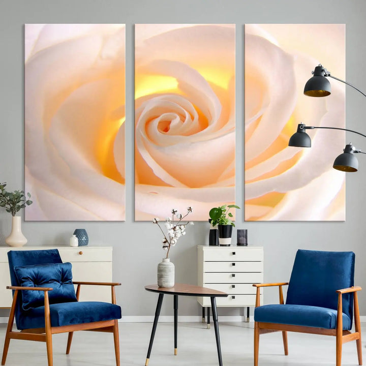 The Rose Wall Art Canvas Print, a triptych featuring a white rose gallery wrapped on museum-quality canvas with UV-protective coating, is displayed prominently.