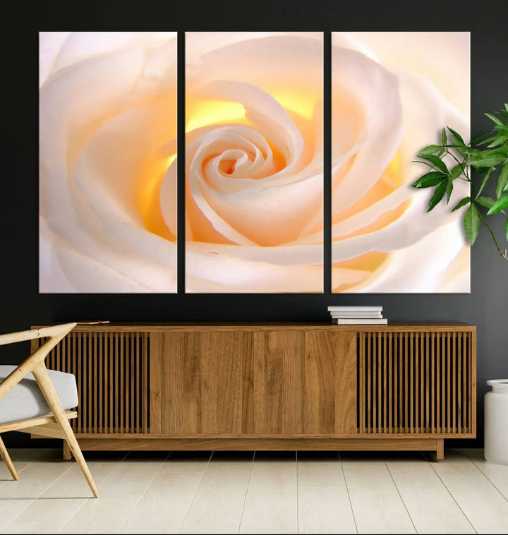 The Rose Wall Art Canvas Print, a triptych featuring a white rose gallery wrapped on museum-quality canvas with UV-protective coating, is displayed prominently.