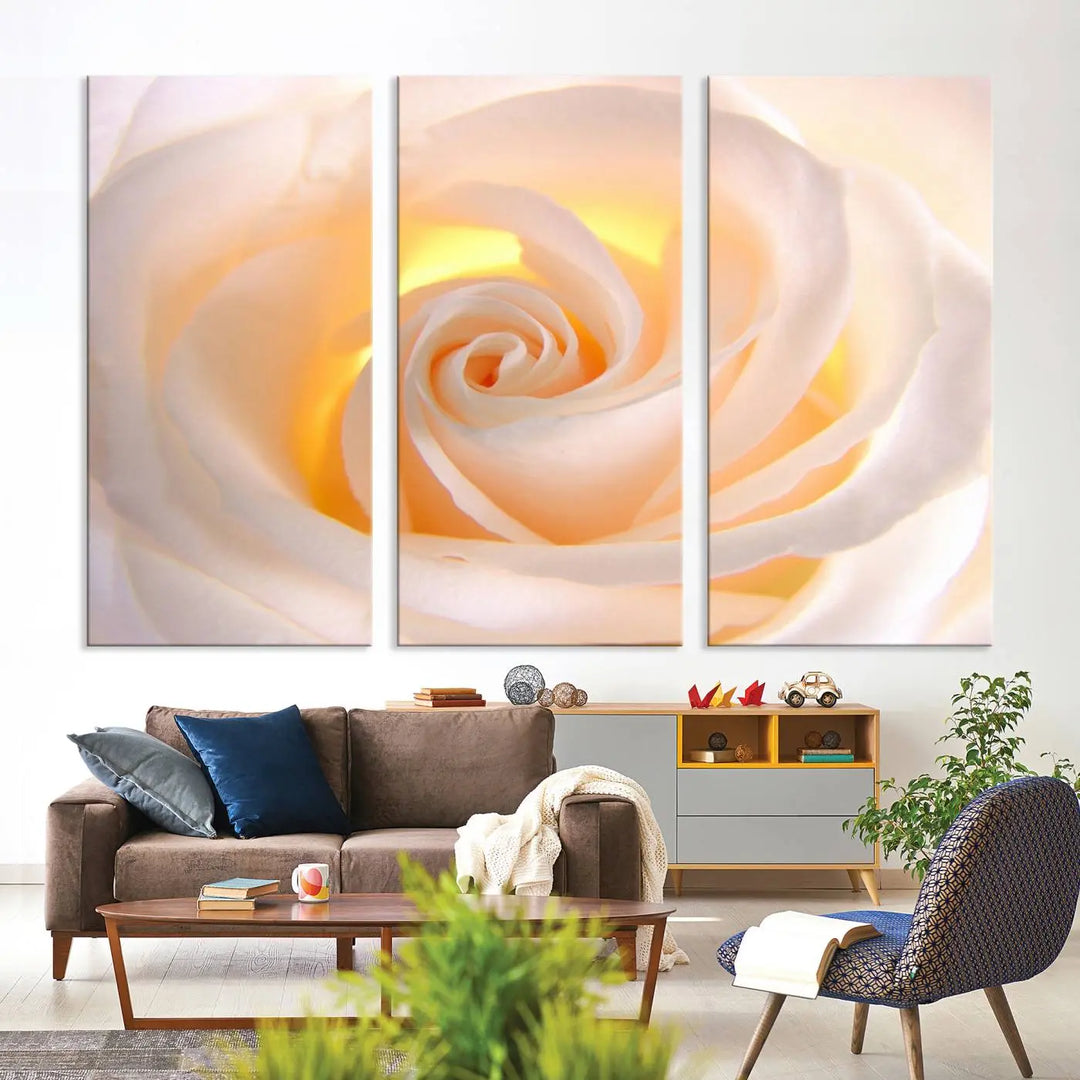 The Rose Wall Art Canvas Print, a triptych featuring a white rose gallery wrapped on museum-quality canvas with UV-protective coating, is displayed prominently.