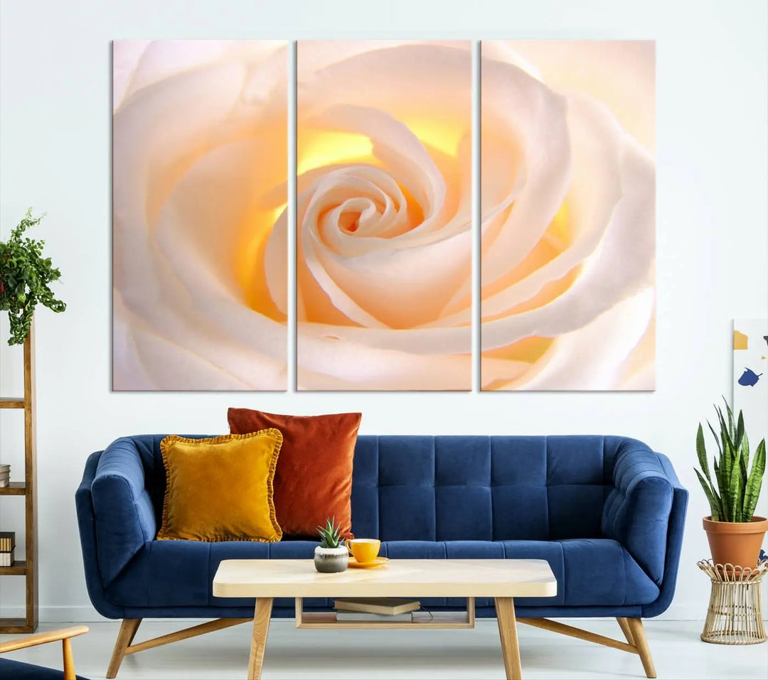 The Rose Wall Art Canvas Print, a triptych featuring a white rose gallery wrapped on museum-quality canvas with UV-protective coating, is displayed prominently.