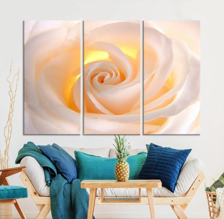 The Rose Wall Art Canvas Print, a triptych featuring a white rose gallery wrapped on museum-quality canvas with UV-protective coating, is displayed prominently.