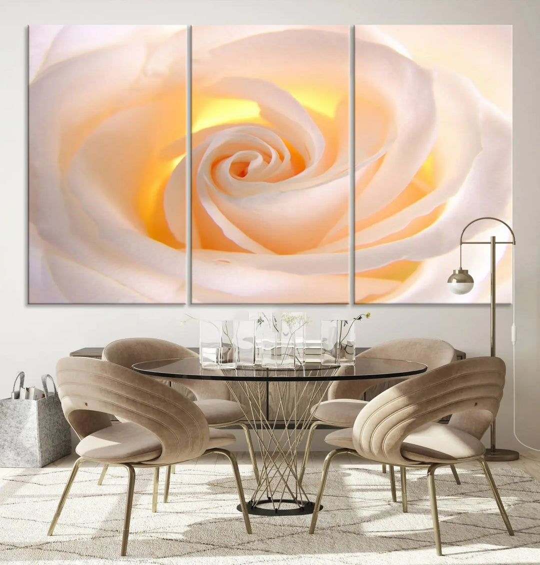 The Rose Wall Art Canvas Print, a triptych featuring a white rose gallery wrapped on museum-quality canvas with UV-protective coating, is displayed prominently.