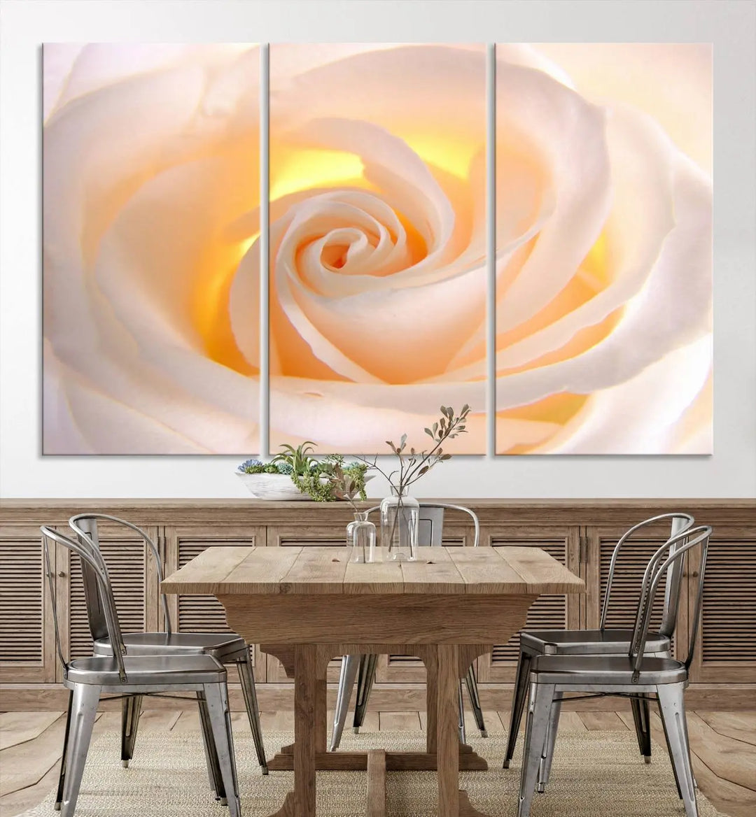 The Rose Wall Art Canvas Print, a triptych featuring a white rose gallery wrapped on museum-quality canvas with UV-protective coating, is displayed prominently.