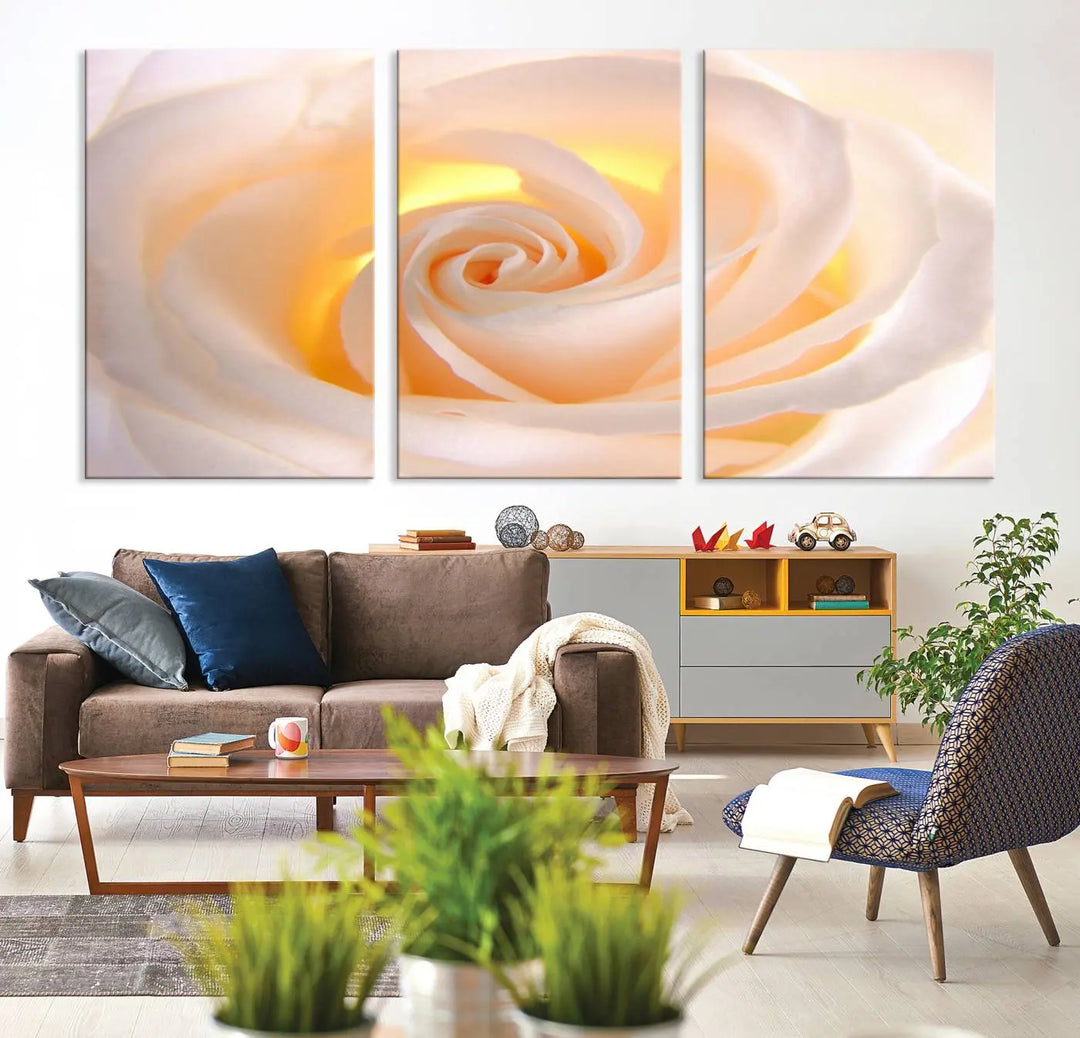 The Rose Wall Art Canvas Print, a triptych featuring a white rose gallery wrapped on museum-quality canvas with UV-protective coating, is displayed prominently.