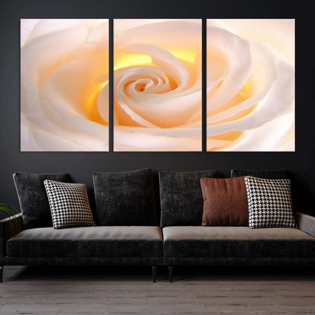 The Rose Wall Art Canvas Print, a triptych featuring a white rose gallery wrapped on museum-quality canvas with UV-protective coating, is displayed prominently.