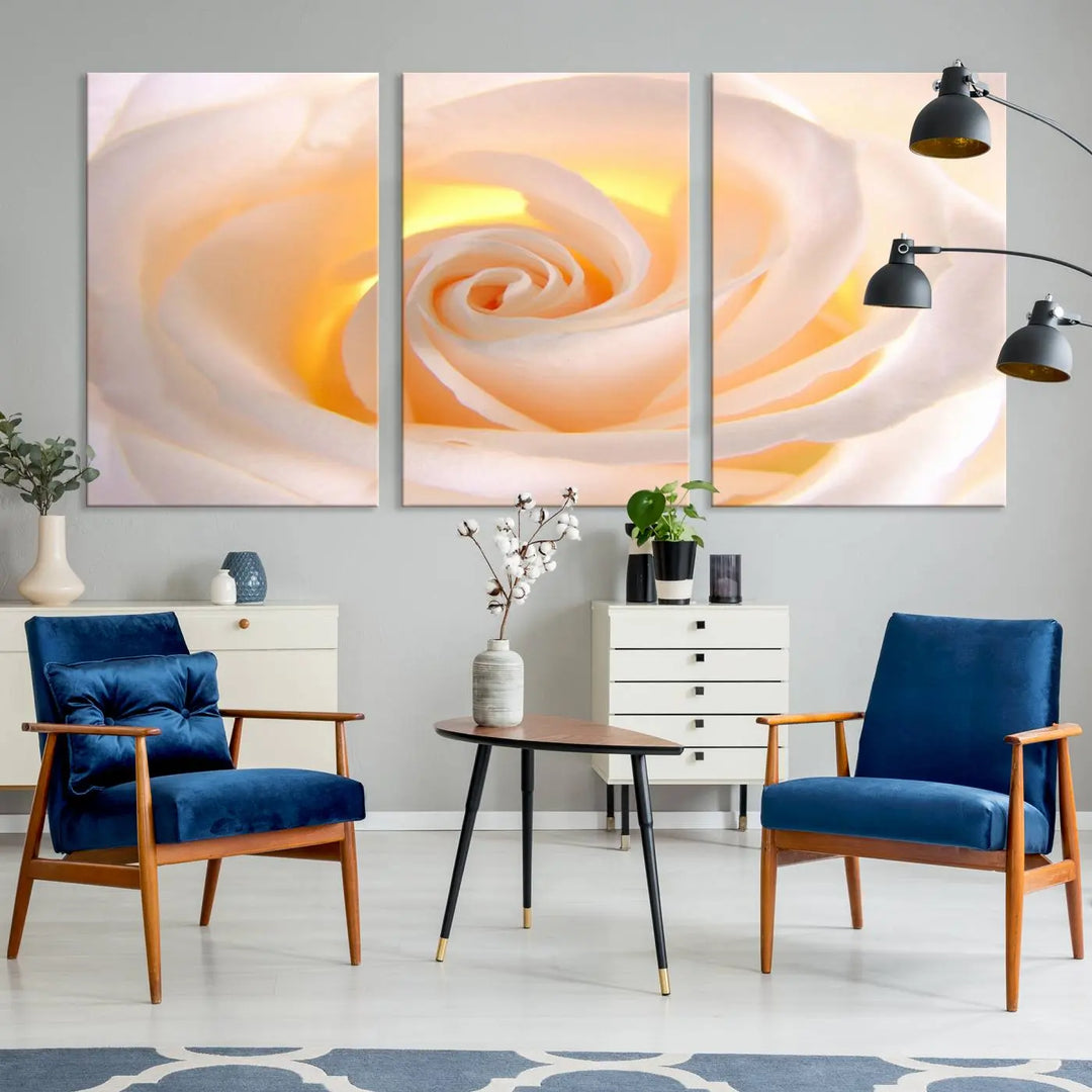 The Rose Wall Art Canvas Print, a triptych featuring a white rose gallery wrapped on museum-quality canvas with UV-protective coating, is displayed prominently.