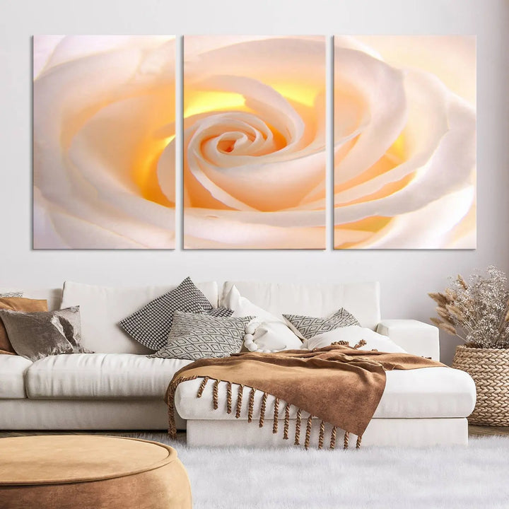 The Rose Wall Art Canvas Print, a triptych featuring a white rose gallery wrapped on museum-quality canvas with UV-protective coating, is displayed prominently.