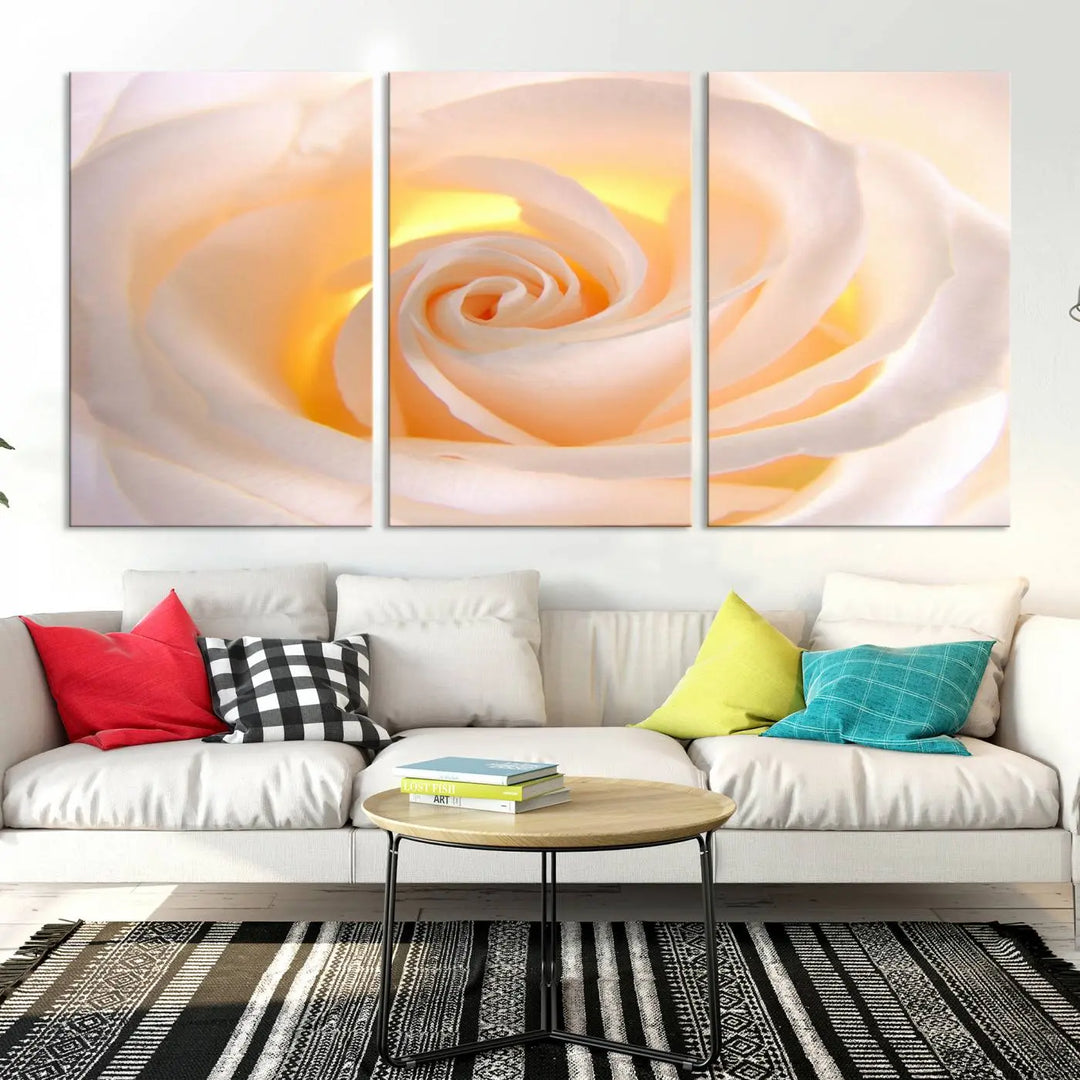 The Rose Wall Art Canvas Print, a triptych featuring a white rose gallery wrapped on museum-quality canvas with UV-protective coating, is displayed prominently.