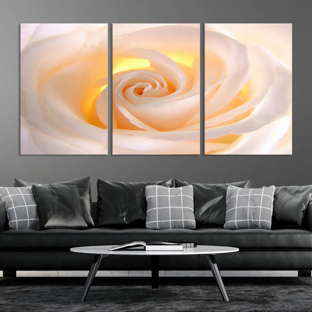 The Rose Wall Art Canvas Print, a triptych featuring a white rose gallery wrapped on museum-quality canvas with UV-protective coating, is displayed prominently.