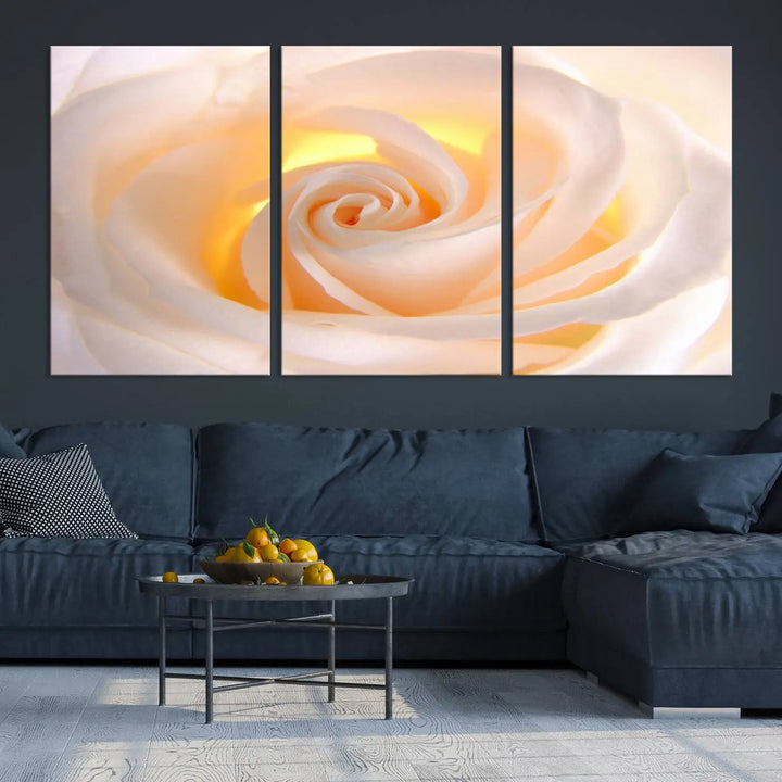 The Rose Wall Art Canvas Print, a triptych featuring a white rose gallery wrapped on museum-quality canvas with UV-protective coating, is displayed prominently.