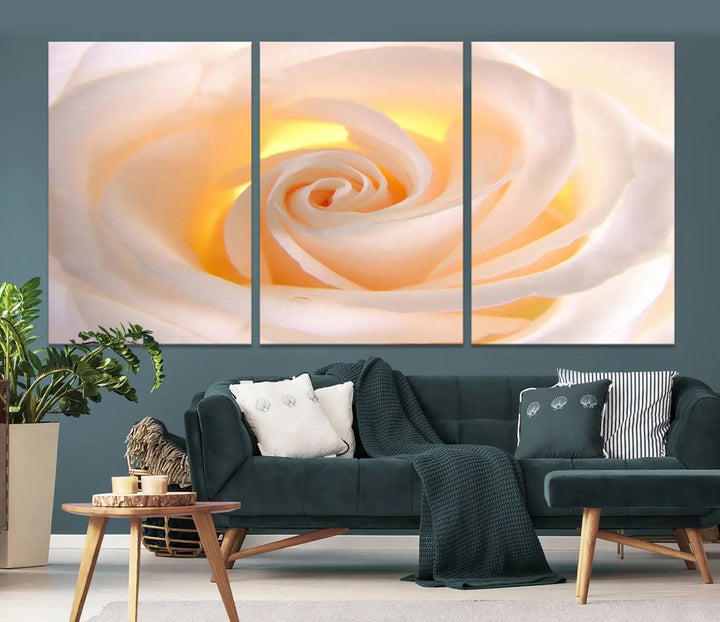 The Rose Wall Art Canvas Print, a triptych featuring a white rose gallery wrapped on museum-quality canvas with UV-protective coating, is displayed prominently.