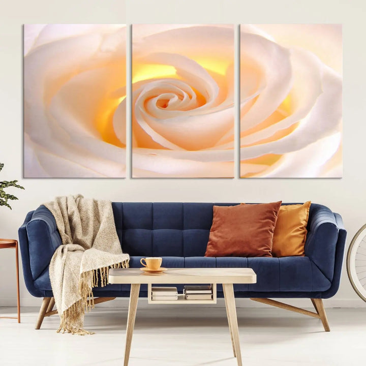 The Rose Wall Art Canvas Print, a triptych featuring a white rose gallery wrapped on museum-quality canvas with UV-protective coating, is displayed prominently.