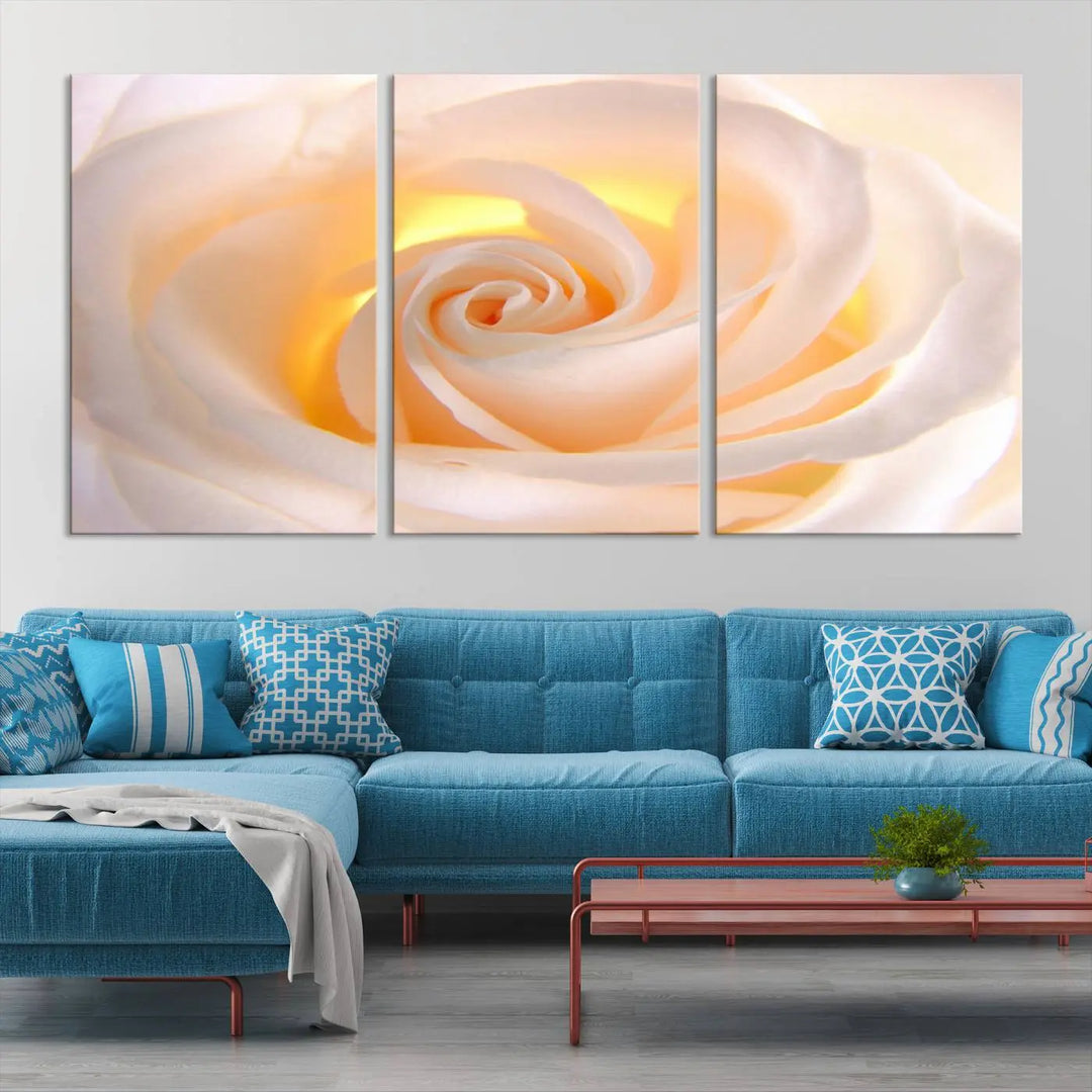 The Rose Wall Art Canvas Print, a triptych featuring a white rose gallery wrapped on museum-quality canvas with UV-protective coating, is displayed prominently.