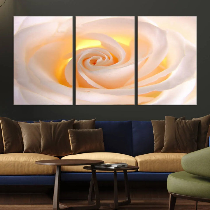 The Rose Wall Art Canvas Print, a triptych featuring a white rose gallery wrapped on museum-quality canvas with UV-protective coating, is displayed prominently.