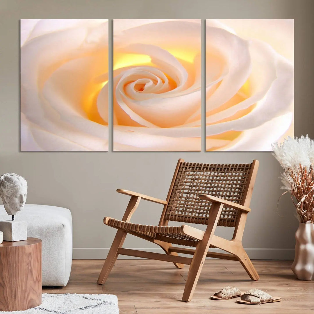 The Rose Wall Art Canvas Print, a triptych featuring a white rose gallery wrapped on museum-quality canvas with UV-protective coating, is displayed prominently.