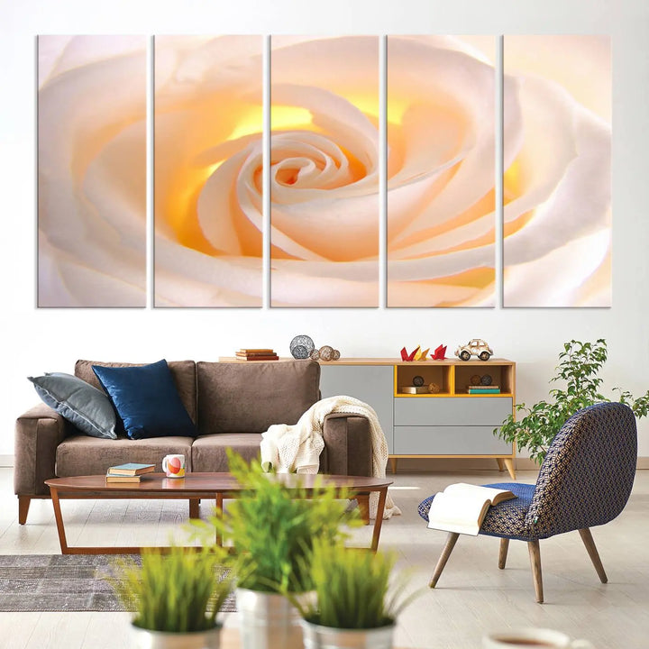 The Rose Wall Art Canvas Print, a triptych featuring a white rose gallery wrapped on museum-quality canvas with UV-protective coating, is displayed prominently.