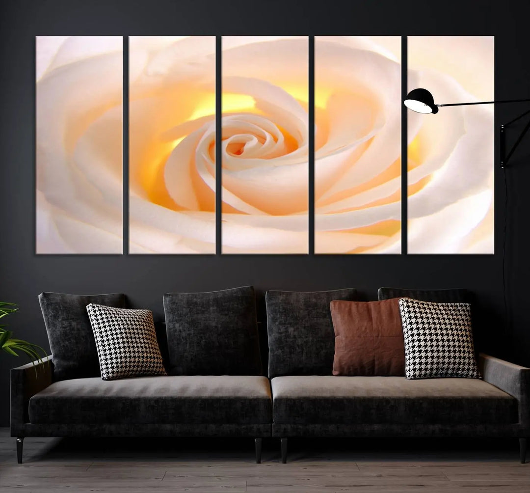 The Rose Wall Art Canvas Print, a triptych featuring a white rose gallery wrapped on museum-quality canvas with UV-protective coating, is displayed prominently.