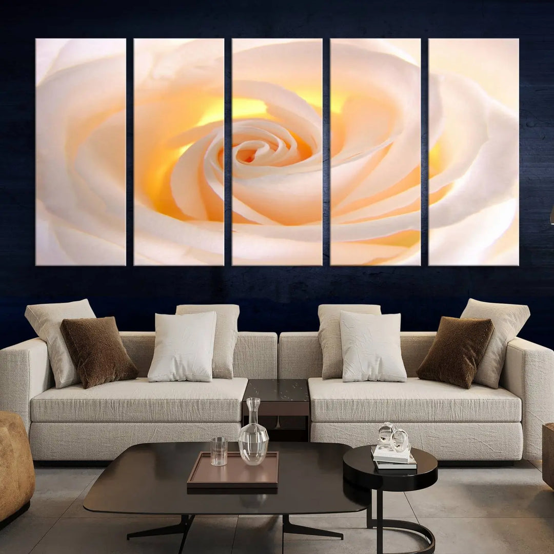 The Rose Wall Art Canvas Print, a triptych featuring a white rose gallery wrapped on museum-quality canvas with UV-protective coating, is displayed prominently.