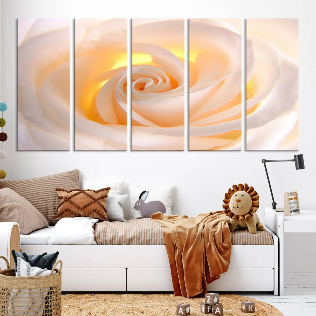 The Rose Wall Art Canvas Print, a triptych featuring a white rose gallery wrapped on museum-quality canvas with UV-protective coating, is displayed prominently.