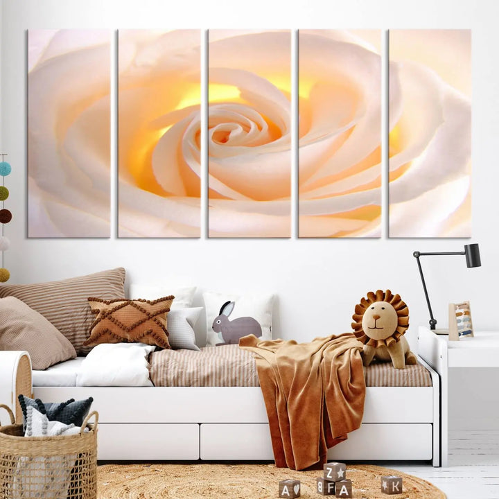 The Rose Wall Art Canvas Print, a triptych featuring a white rose gallery wrapped on museum-quality canvas with UV-protective coating, is displayed prominently.