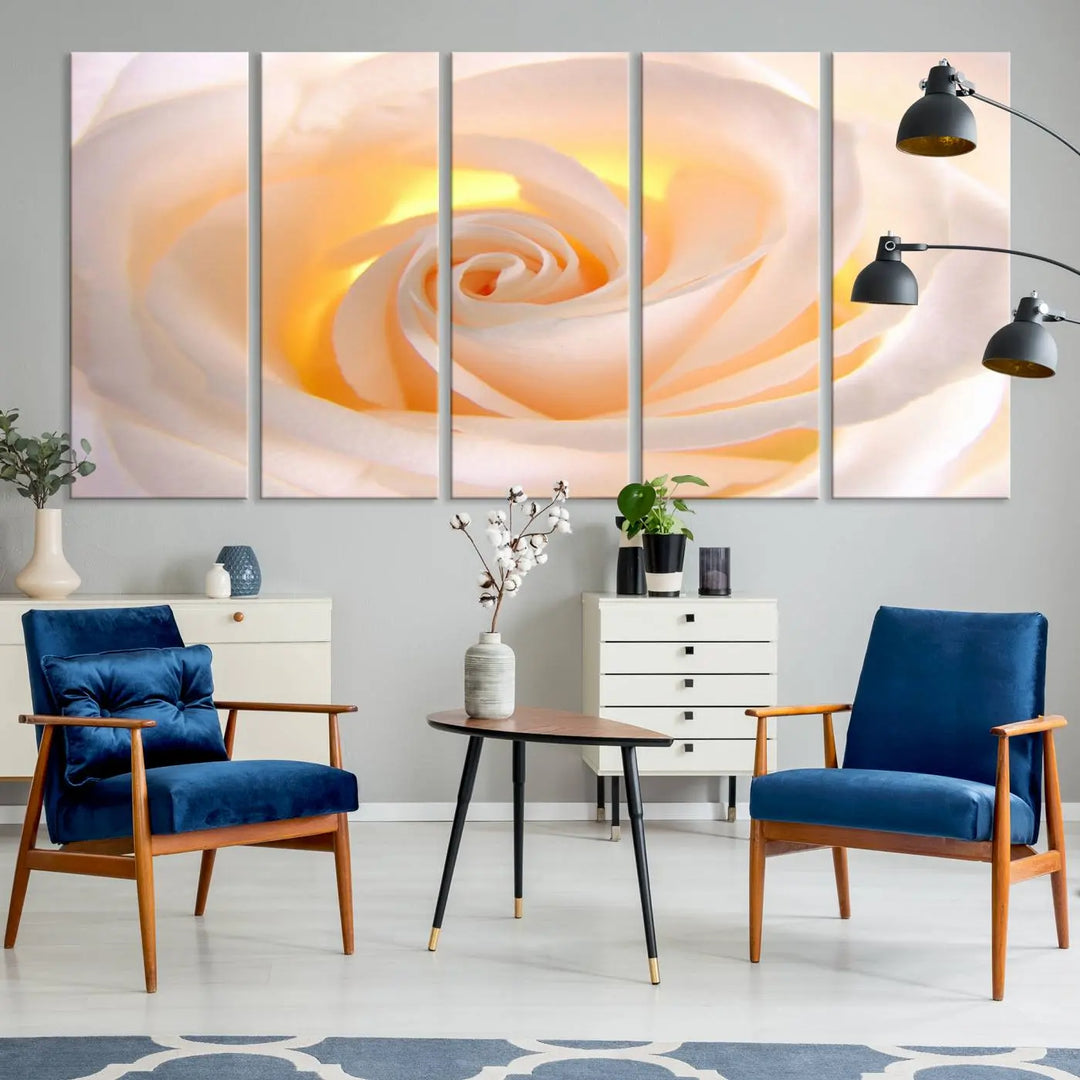 The Rose Wall Art Canvas Print, a triptych featuring a white rose gallery wrapped on museum-quality canvas with UV-protective coating, is displayed prominently.