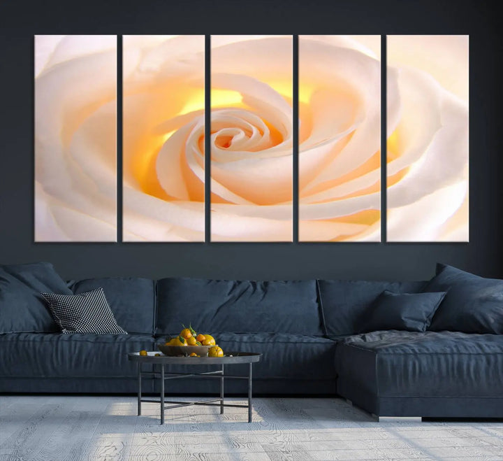 The Rose Wall Art Canvas Print, a triptych featuring a white rose gallery wrapped on museum-quality canvas with UV-protective coating, is displayed prominently.