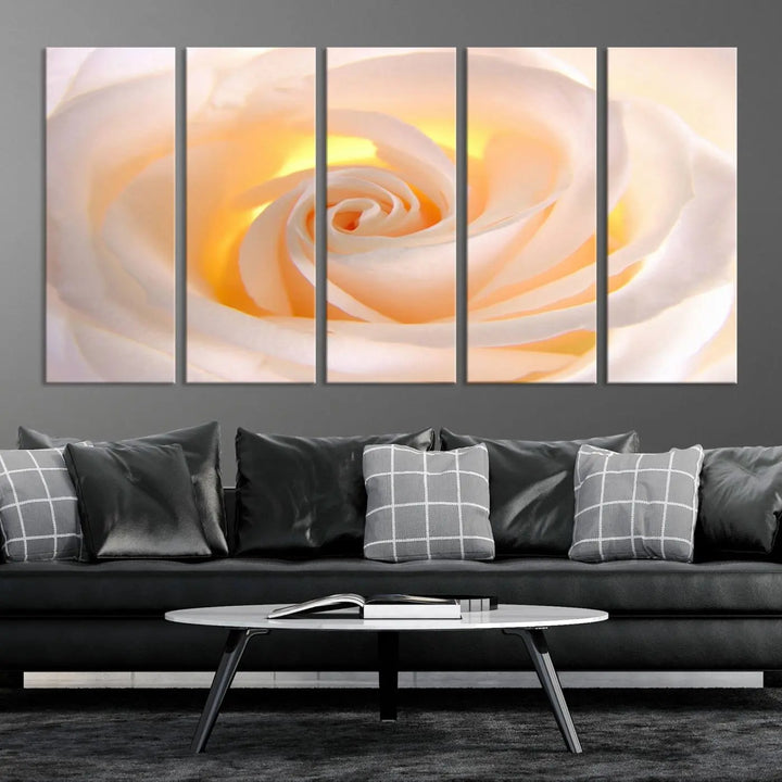 The Rose Wall Art Canvas Print, a triptych featuring a white rose gallery wrapped on museum-quality canvas with UV-protective coating, is displayed prominently.