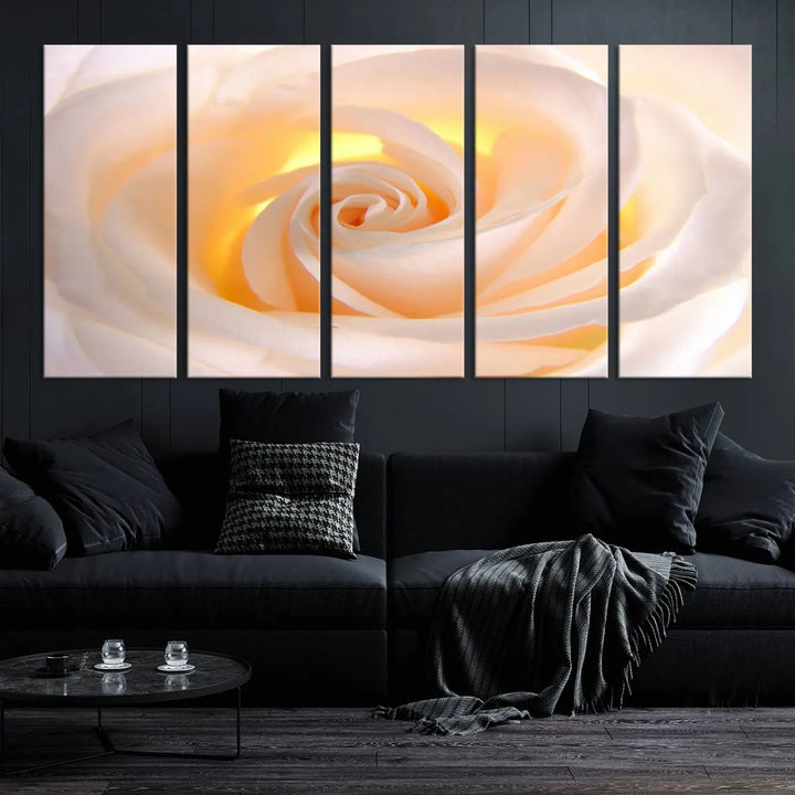 The Rose Wall Art Canvas Print, a triptych featuring a white rose gallery wrapped on museum-quality canvas with UV-protective coating, is displayed prominently.