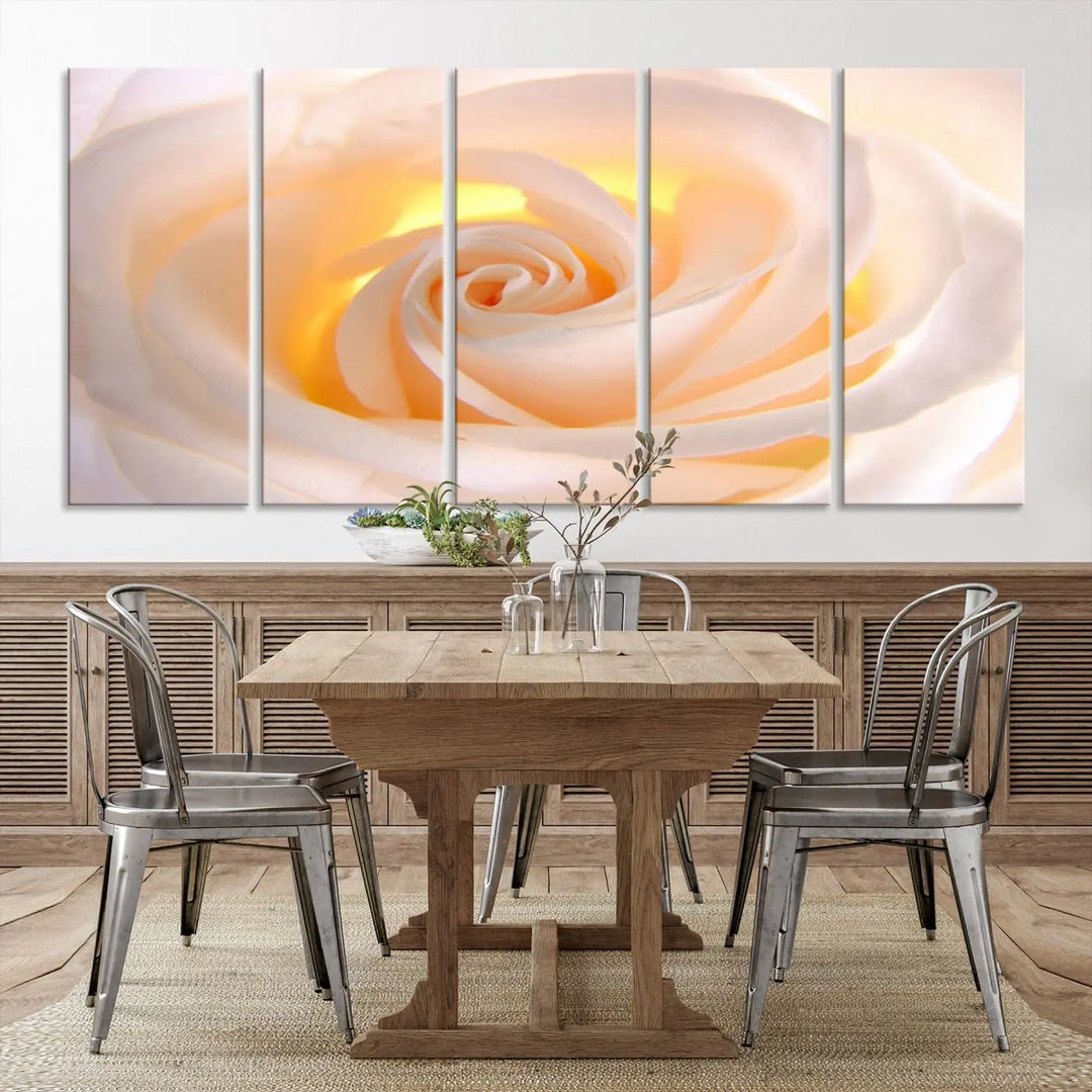 The Rose Wall Art Canvas Print, a triptych featuring a white rose gallery wrapped on museum-quality canvas with UV-protective coating, is displayed prominently.