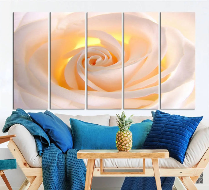 The Rose Wall Art Canvas Print, a triptych featuring a white rose gallery wrapped on museum-quality canvas with UV-protective coating, is displayed prominently.