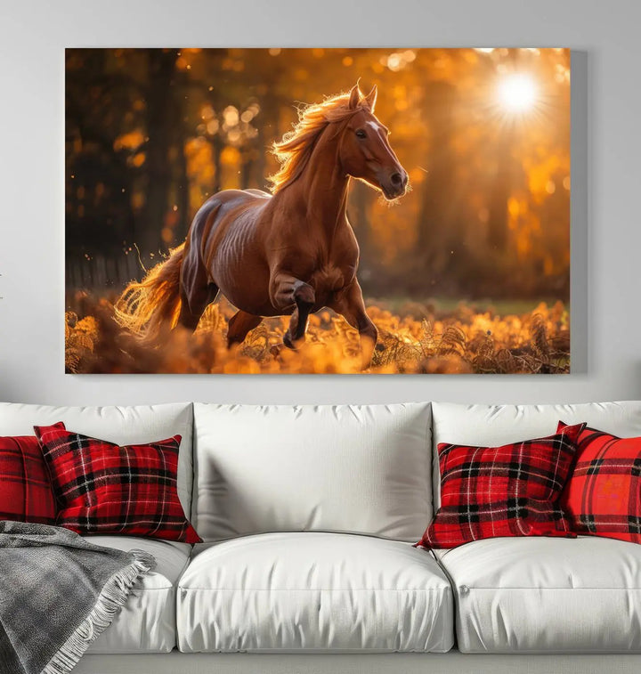 The stunning Running Horse Sunset Forest Wall Art Canvas Print showcases a horse galloping through sunlight-dappled leaves on premium canvas, handmade in the USA.