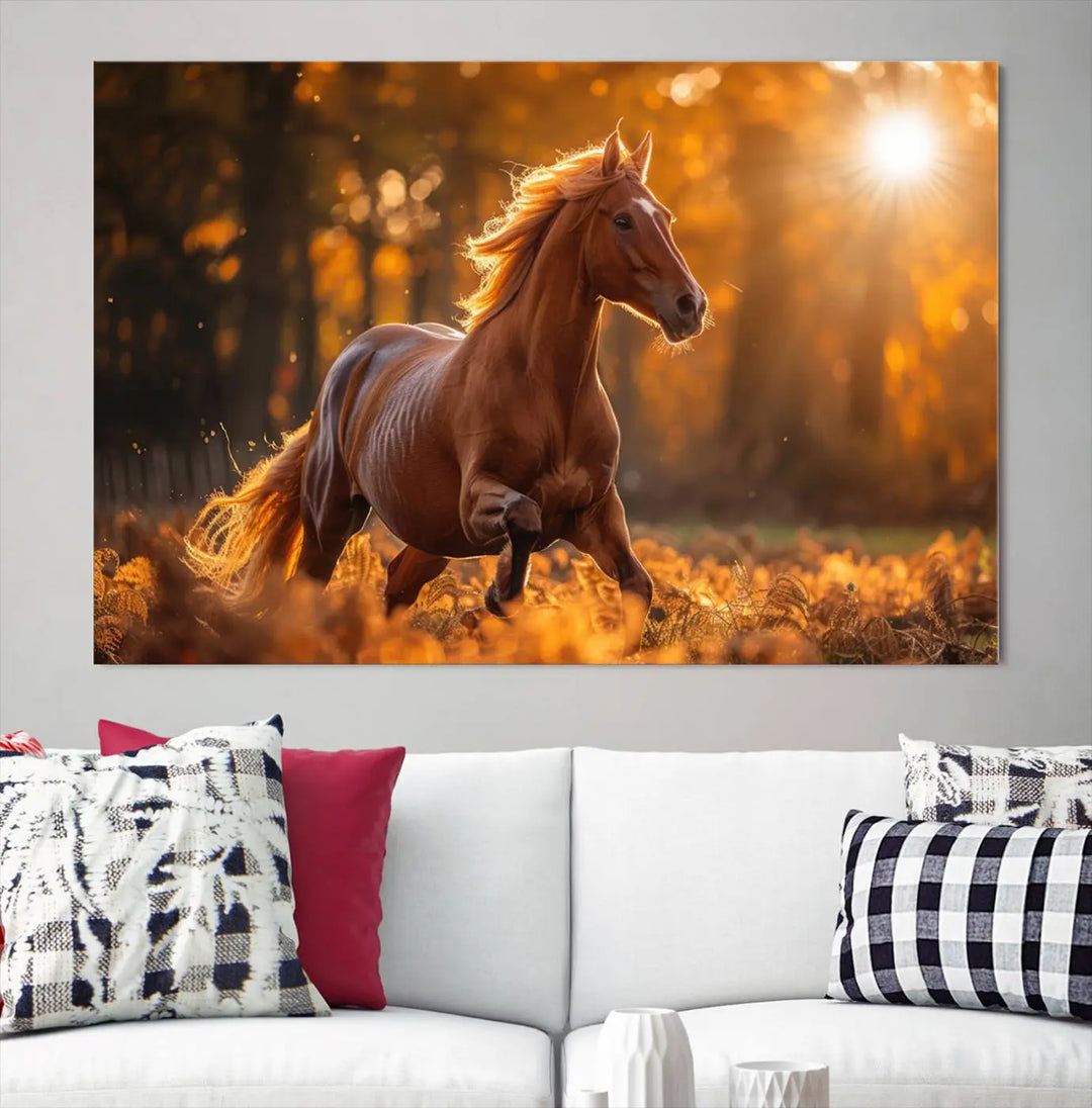 The stunning Running Horse Sunset Forest Wall Art Canvas Print showcases a horse galloping through sunlight-dappled leaves on premium canvas, handmade in the USA.