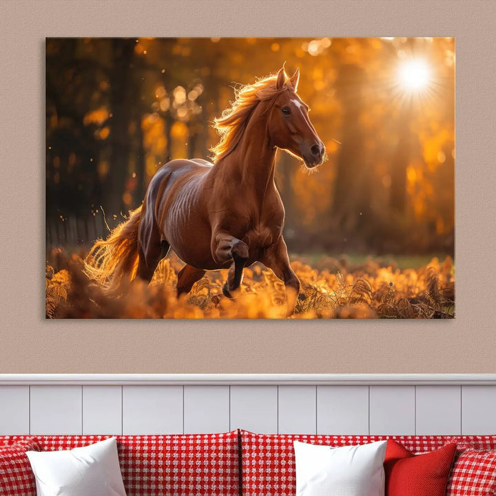 The stunning Running Horse Sunset Forest Wall Art Canvas Print showcases a horse galloping through sunlight-dappled leaves on premium canvas, handmade in the USA.