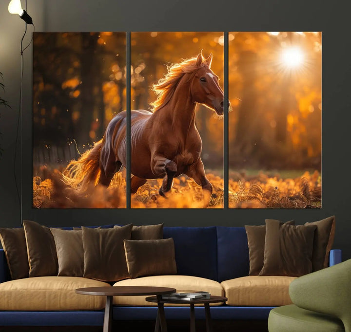 The stunning Running Horse Sunset Forest Wall Art Canvas Print showcases a horse galloping through sunlight-dappled leaves on premium canvas, handmade in the USA.