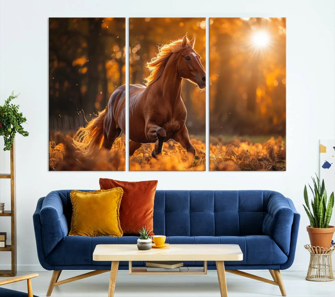 The stunning Running Horse Sunset Forest Wall Art Canvas Print showcases a horse galloping through sunlight-dappled leaves on premium canvas, handmade in the USA.