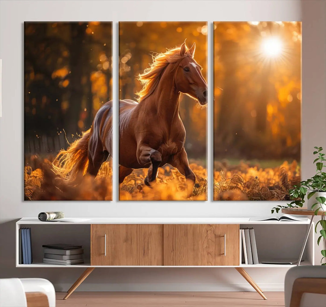 The stunning Running Horse Sunset Forest Wall Art Canvas Print showcases a horse galloping through sunlight-dappled leaves on premium canvas, handmade in the USA.