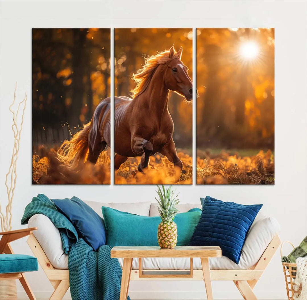 The stunning Running Horse Sunset Forest Wall Art Canvas Print showcases a horse galloping through sunlight-dappled leaves on premium canvas, handmade in the USA.