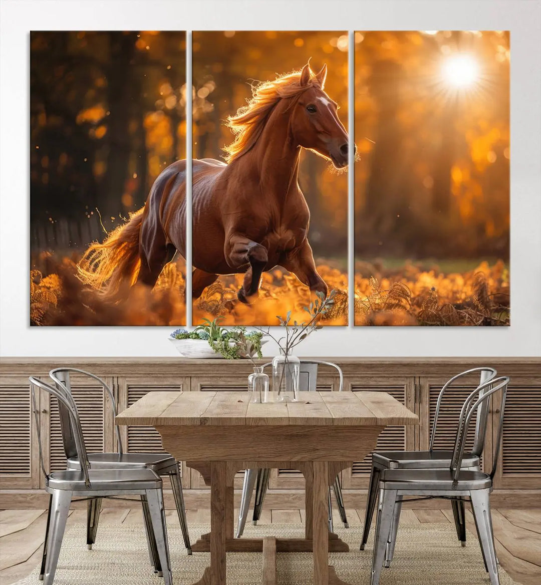 The stunning Running Horse Sunset Forest Wall Art Canvas Print showcases a horse galloping through sunlight-dappled leaves on premium canvas, handmade in the USA.