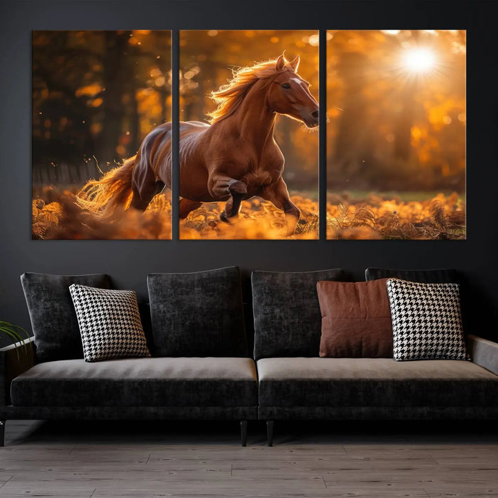 The stunning Running Horse Sunset Forest Wall Art Canvas Print showcases a horse galloping through sunlight-dappled leaves on premium canvas, handmade in the USA.