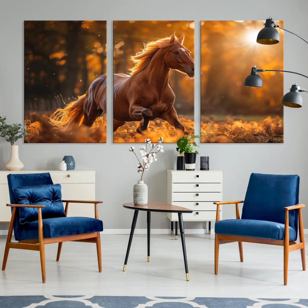 The stunning Running Horse Sunset Forest Wall Art Canvas Print showcases a horse galloping through sunlight-dappled leaves on premium canvas, handmade in the USA.