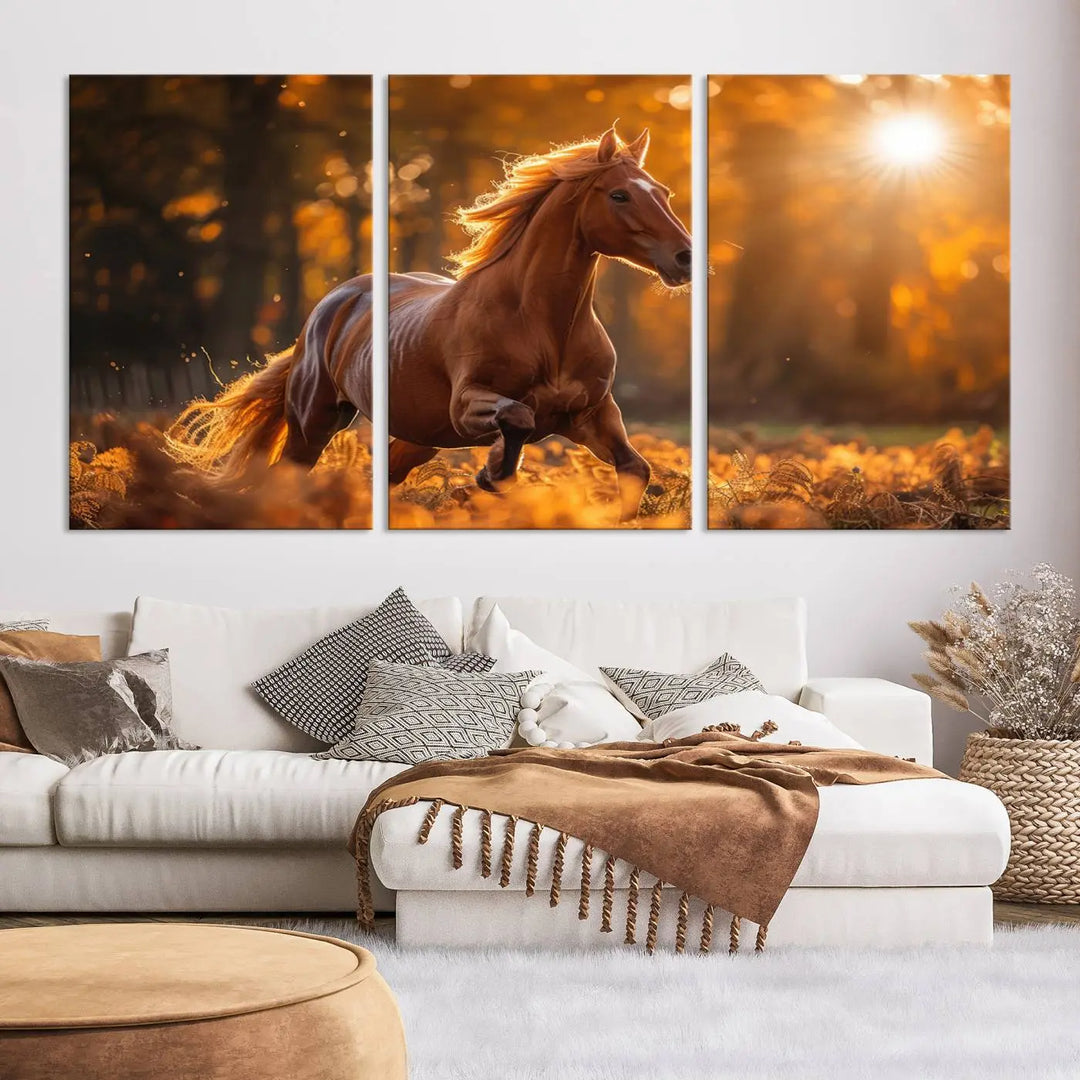 The stunning Running Horse Sunset Forest Wall Art Canvas Print showcases a horse galloping through sunlight-dappled leaves on premium canvas, handmade in the USA.