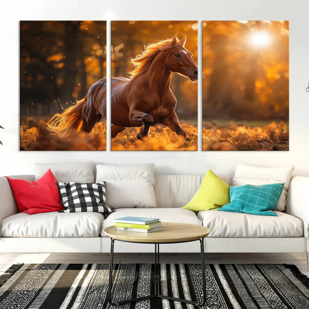 The stunning Running Horse Sunset Forest Wall Art Canvas Print showcases a horse galloping through sunlight-dappled leaves on premium canvas, handmade in the USA.