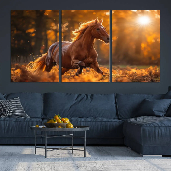 The stunning Running Horse Sunset Forest Wall Art Canvas Print showcases a horse galloping through sunlight-dappled leaves on premium canvas, handmade in the USA.