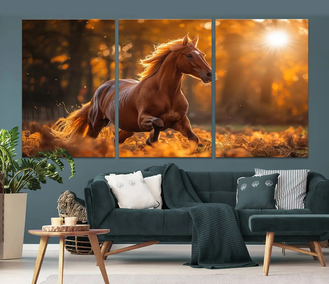 The stunning Running Horse Sunset Forest Wall Art Canvas Print showcases a horse galloping through sunlight-dappled leaves on premium canvas, handmade in the USA.