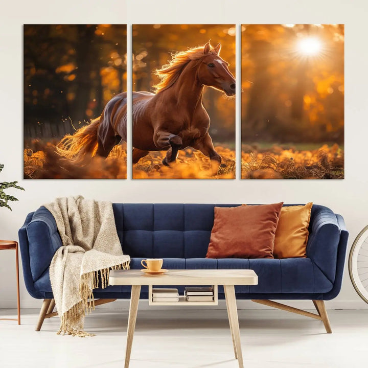 The stunning Running Horse Sunset Forest Wall Art Canvas Print showcases a horse galloping through sunlight-dappled leaves on premium canvas, handmade in the USA.